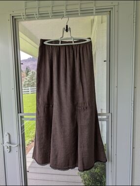 Kleen Silk Linen Paneled Maxi Skirt Brown Elastic Waist Button Detail S Like New